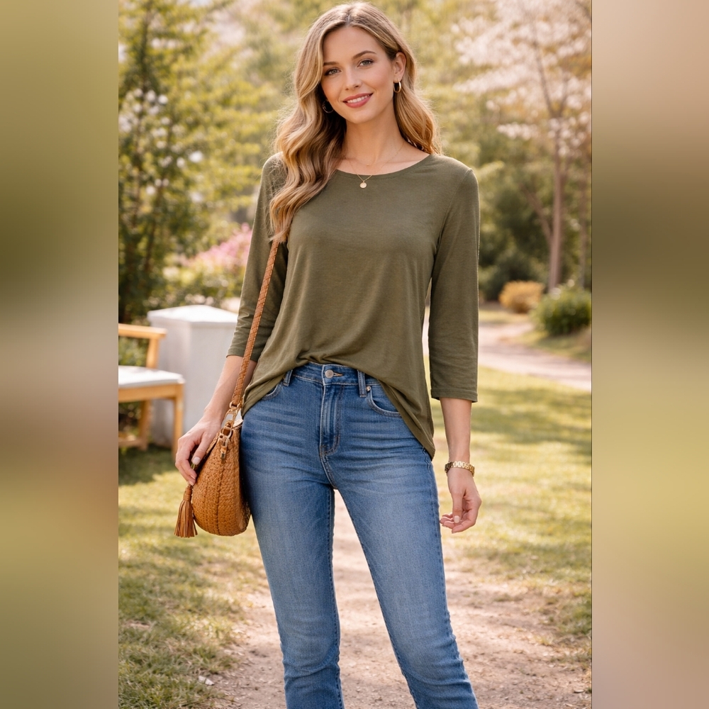 Philosophy NWT Olive Green 3/4 Sleeve Relaxed Knit Top Fall Size 1X